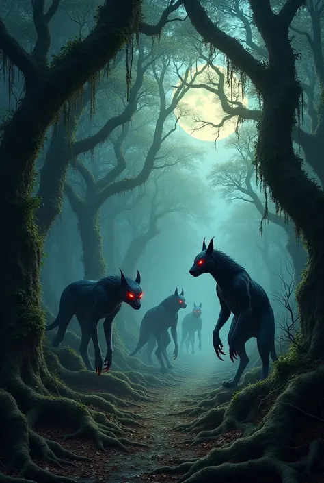 Inside the forest, shadows emerge from between the trees. A group of dark creatures, with glowing red eyes and sharp claws, prepares to attack.