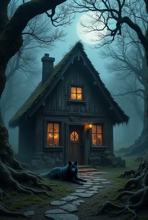 Cottage in Middle of a scary foresta Whith a brave dark Wolf in front de door