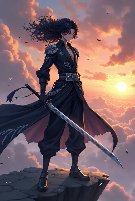 Create a male anime character with tall wind powers with curly black hair and black eyes holding a gray-streaked katana