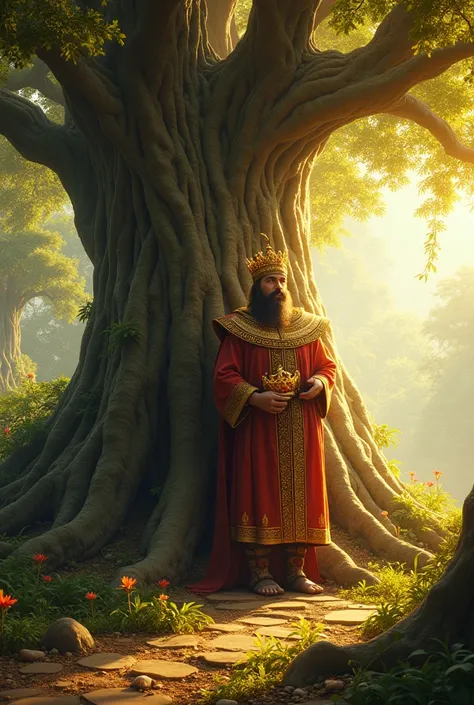 A huge tree with golden leaves and large roots, in a paradise and an imposing king sitting leaning against the trunk, holding the crown in his hand 