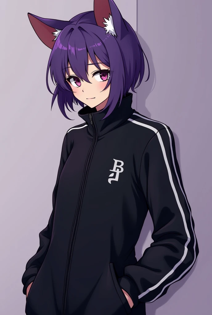 The penis of a sexy boy with a bob cut, fair skin, purple hair, dog ears, and wearing a black tracksuit