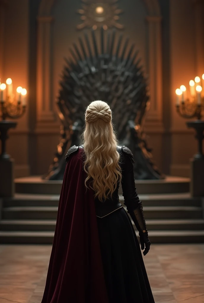 A beautiful Aesthetic Daenerys Targaryen with long curly platinum blonde hair, shes wearing a royal black Armour suit with Dark Red cloak on her right back shoulder, Shes walking to Iron throne on a large throne room, Walls are decorated with candles,long ...