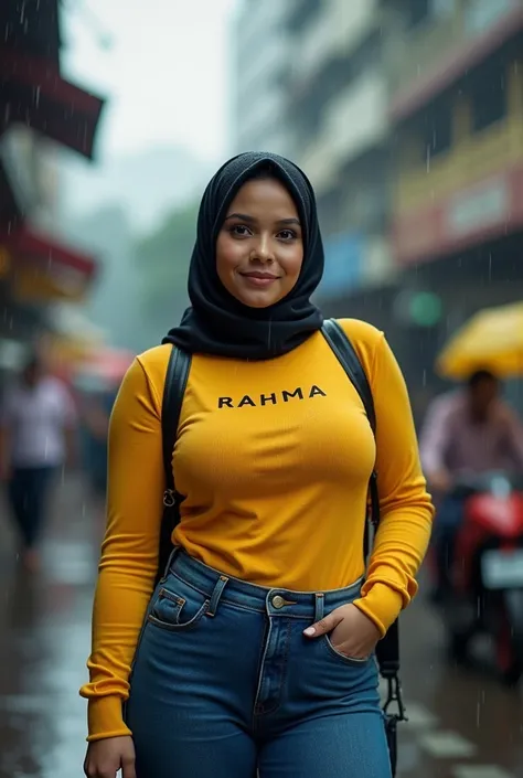 genitals, UHD, Malaysian woman, dark hijab, dark scarf, pale skin, , cute face, curvy obesity body type, city, crowds, holding camera, Noon, rainy, wet, sweaty, wearing yellow long arm tight shirt with "RAHMA" letter, tight jeans, facing camera