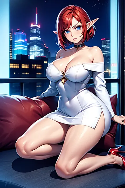 1girl, female elf, short red hair, blue eyes, curvy body, white off shoulder dress, black high heels, kneeling on leather couch near a balcony, night, city in background, full pouty lips, hands resting on chest