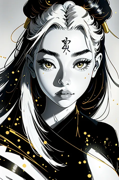 (1 girl: 1,3), ((black and white)), geisha, ((zen)), (masterpiece, highest quality, best quality: 1,3), extremely detailed background, Zen calligraphy, unique visual effect. behind, curvy, golden hair. realistic