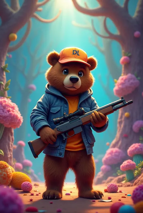 IMAGE OF AN ANIMATED HALLUCINATION MALE BEAR WEARING A CAP AND A LONG GUN HANDED WITH A CAP WITH DL LOGO 