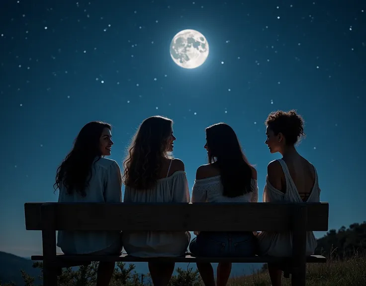 一个Full of tranquility的迷人夜景，Starry Sky，(Four women with different looks and personalities are sitting comfortably on a wooden bench:1.5)，Talking passionately，(There are white girls，Asian Girls，Middle Eastern Girls and Hispanic Girls)，(Look directly at the a...