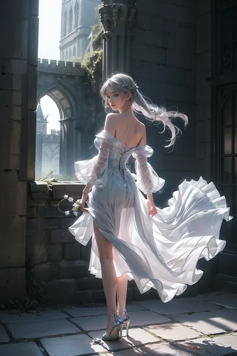 ((Girl standing in front of the castle wall))、Fluorescent color、One Girl、Look to the side、Beautiful Face、Beautiful Eyes、(Big Blue Eyes)（Rear view)、(look back）、（Silver blunt hair）、Shiny Hair、Glowing Skin、Reduce glare、Finger Proportion Adjustment、Escrow、Butt...