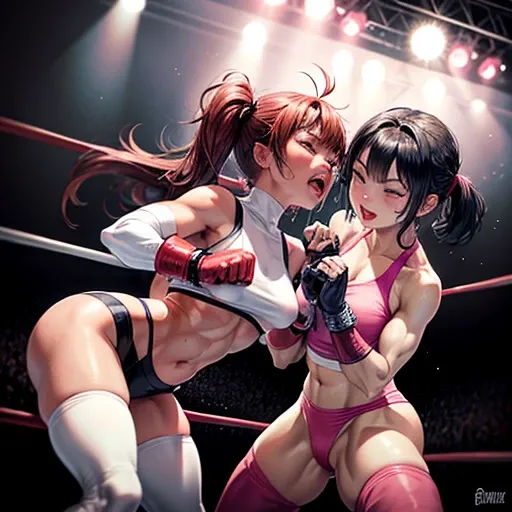 two bloody beautiful Japanese female heavyweight fighters are fighting by extreme bareknuckle boxing in the octagon fighting ring of underground arena with audience. A fierce exchange of dynamic punches. they are beating each other so hard. survival battle...