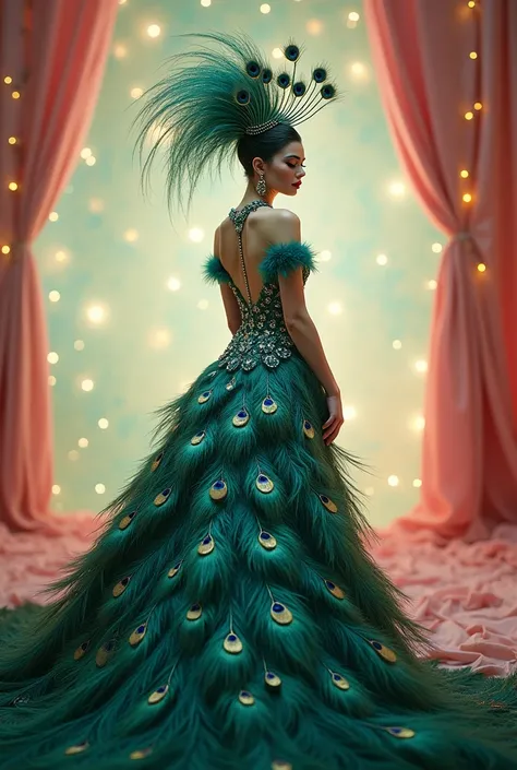 Make a realistic peacock with humanoid features of a woman, who would be a pop singer, inspired by the looks of Melanie Martinez and Lana Del Rey, with a hint of Amy Winehouse