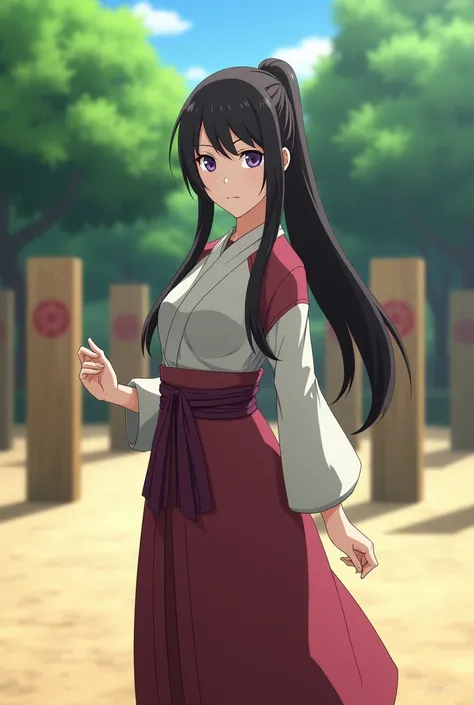 Create a 3D image of Hanabi Hyuga, the skilled kunoichi from the Naruto series. She has long, dark brown hair tied back in a neat ponytail, with bangs framing her face. Her pale lavender eyes, characteristic of the Hyuga clan, are sharp and focused, reflec...