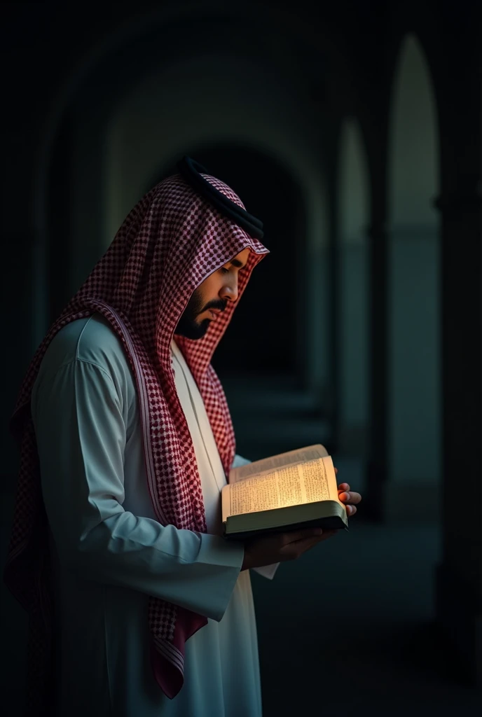 A man reading quran in dark black side make him anonymous dont show any face just dress only dress like a saudi red saudi scarf


