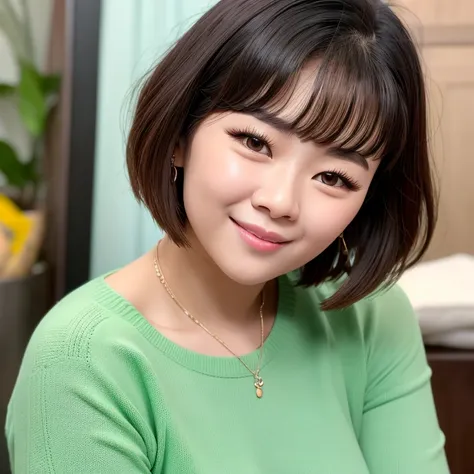 arafed asian woman with short hair and a green sweater, young charming korean face, portrait of a korean idol girl, beautiful yo...