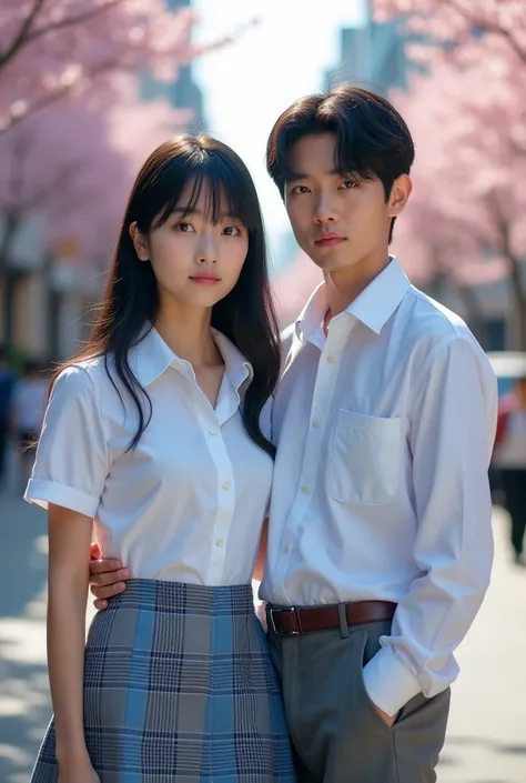 A photo-like picture of a Japanese high school girl and boy with straight black hair。
The uniform is a white shirt。
The skirt is checkered in light blue, navy blue, and gray.。
The length of her skirt is shorter than above the knee, her hair is long enough ...