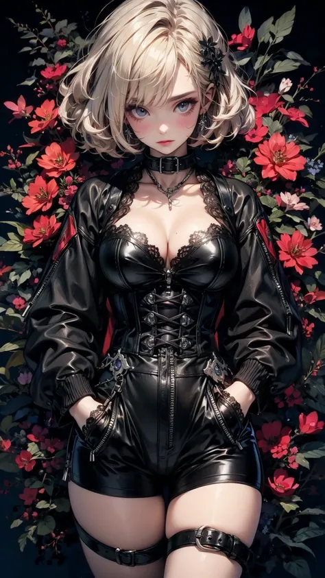 woman with hands in pockets, Ash grey asymmetrical short hair, Sharp Eyes, Big Breasts, Exposed cleavage, Leather corset that fits perfectly to the skin, Leather micro mini shorts, Collage with black flowers, Anime Style, Digital Painting, (masterpiece), (...