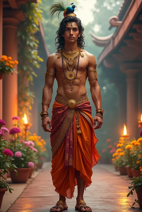 Full body image hindu young male god with skinny body and rich costume Full body seeing front 