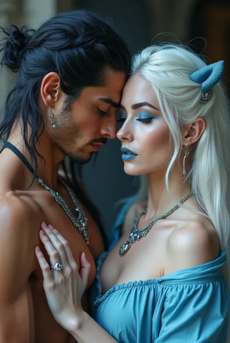 (((NSFW:1.5))),Couple with a very slender beautiful dragon with long white hair , pushed back bangs, sharp eyes, slit_ pupils, pale eyes, large breasts)), blue eyeliner, blue eyeshadow , blue lipstick, beautiful dragonic eyes, silver eyes, ultra well detai...