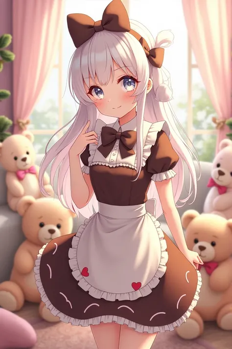 You can generate an anime character with the characteristic of white hair with bows in the hair, white eyes and brown maid clothes, She has some teddy bear decorations and a bow on her head
