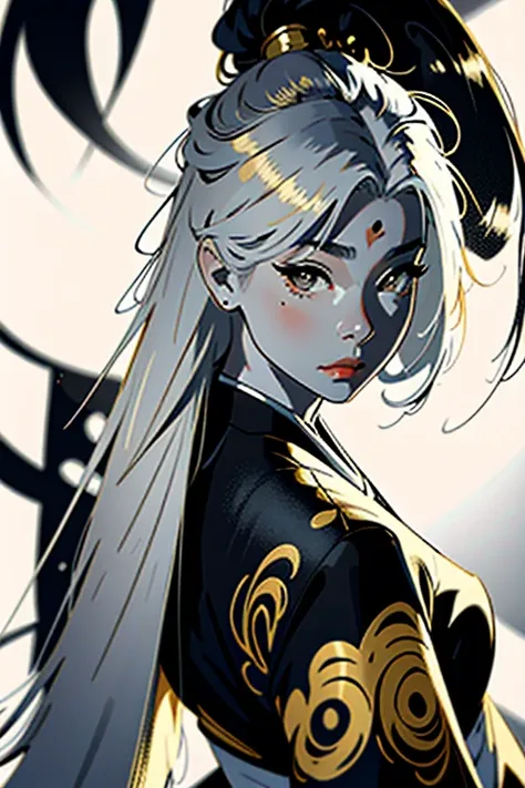 (1 girl: 1,3), ((black and white picture)), geisha, ((zen)), (masterpiece, highest quality, best quality: 1,3), extremely detailed background, Zen calligraphy, unique visual effect. behind, curvy, golden hair. realistic. golden hair. The whole body+
