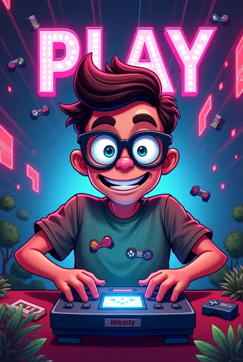 Logo with the name DH PLAY, themed around a nerd with glasses playing video games 