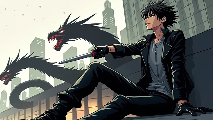 ((illustration)), (best quality)), ((masterpiece)), (detailed), teenager, 1male, black hair, jacket, black gloves, coat, sunglasses, leather, solo, anime, city, night, flat color, demons, snakes, monsters, chair, holding knife, glowing eyes,
