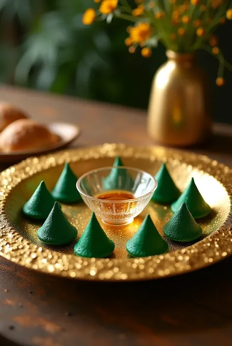 Create a plate wrapped neatly in gold foil with a glass bowl in center and multiple green colour henna cones arranged around it to fit the plate.
