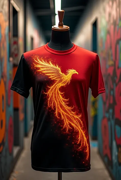 A half red and black t-shirt with a fire phoenix design with fire details on the red side
