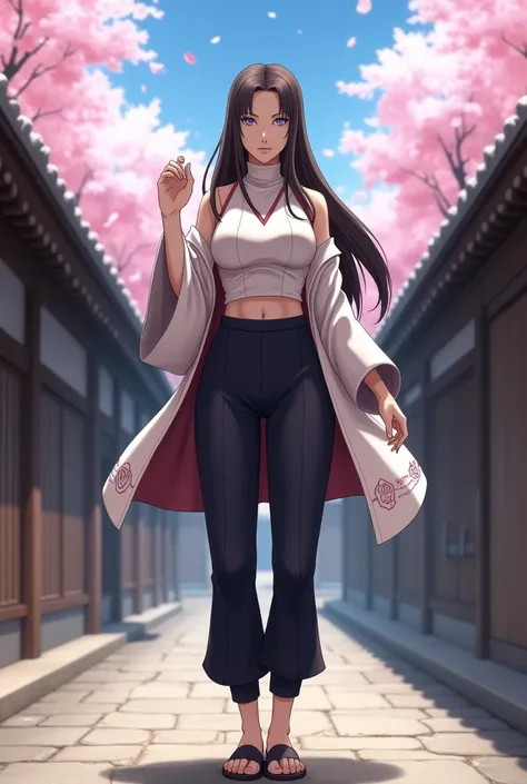 Create a 3D image of adult Hanabi Hyuga from Naruto. She has long, dark brown hair that flows down her back, with a more mature and refined appearance. Her pale lavender eyes are calm yet vigilant, showcasing her mastery of the Byakugan. Hanabi wears a sle...