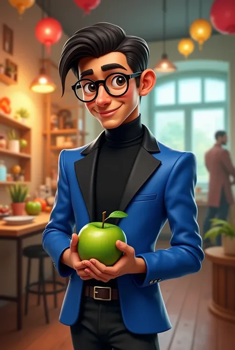 Create a Disney character of a man with short hair on the sides, black frame glasses, Black turtleneck long sleeve sweater and a royal blue blazer with a black lapel, black pants, Alexander McQueen white shoes, In his hand he must have a green apple and in...