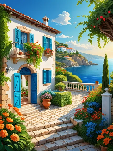 create detailed digital painting anime style scene of a coastal mediterranean villa nestled among lush greenery and colorful flo...