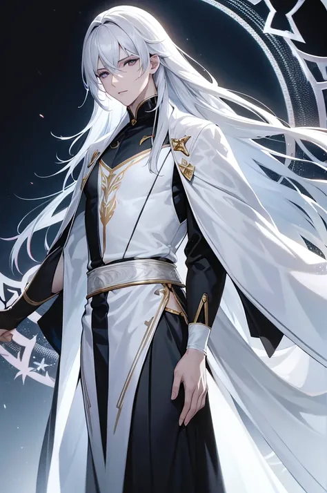 Skin: His skin is very light, almost white, which gives a striking contrast to the rest of his features. Hair: The character has long straight hair that goes down almost to his