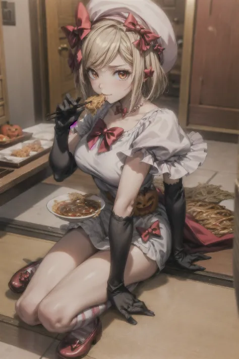 (masterpiece),(best quality), lambdadelta, dress, shoes bow, red shoes, striped stockings, red bow, pink hat, pumpkin brooch, necklace, gloves, pearl,, looking at the viewer, ramen, Holding chopsticks,eating , chopsticks, 