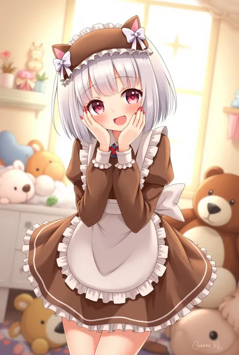 You can generate an anime character with the characteristic of short white hair with bows in the hair and a brown kitty hat. , with a happy expression but.tender and her brown maid outfit, It has some teddy bear decorations .



