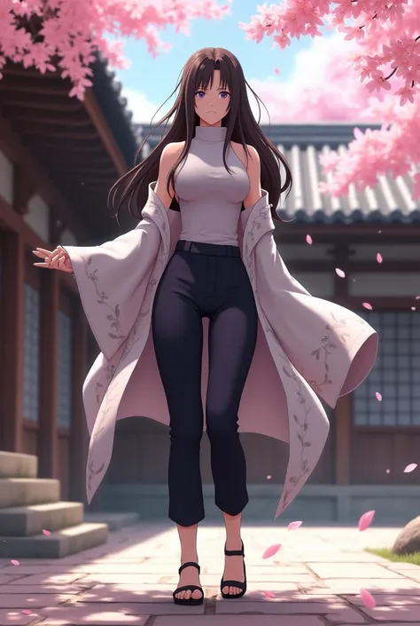 Create a 3D image of adult Hanabi Hyuga from Naruto. She has long, dark brown hair that flows down her back, with a more mature and refined appearance. Her pale lavender eyes are calm yet vigilant, showcasing her mastery of the Byakugan. Hanabi wears a sle...