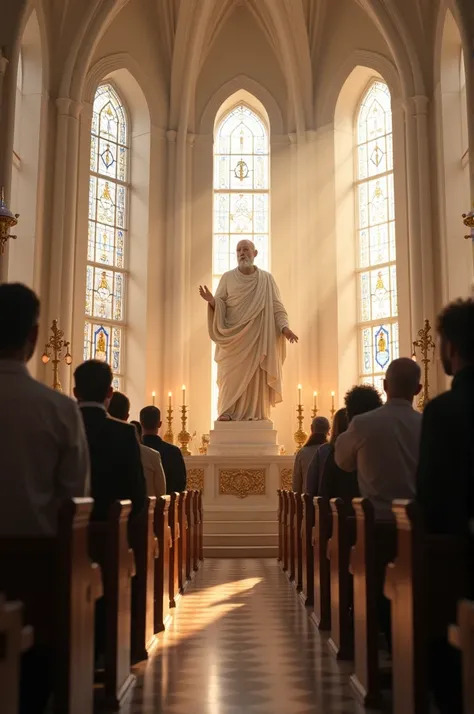 Men and women gathered in a simple white church in worship of the powerful image of Zeus.