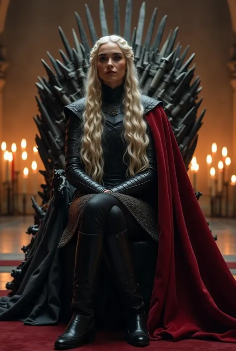 A beautiful Aesthetic Daenerys Targaryen with long braided curly platinum blonde hair, shes wearing a royal black Armour suit with Dark Red cloak on her right back shoulder, Shes sitting on the Iron throne on a large throne room, Walls are decorated with c...