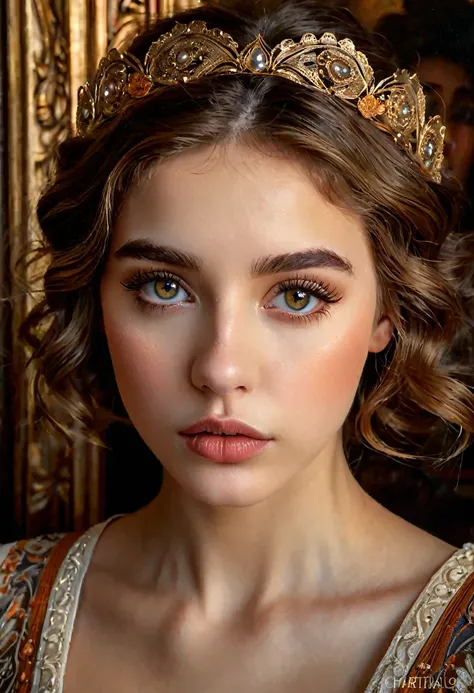 1girl, beautiful detailed eyes, beautiful detailed lips, extremely detailed face, long eyelashes, elegant, french art nouveau, warm colors, realistic, highly detailed, intricate, masterpiece, best quality, 8k, photorealistic, cinematic lighting, dramatic l...