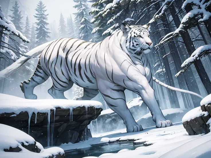 the large white tiger is standing on a large rock. a hunter in white robe carrying a bow rides the tiger proudly in the dense snowy forest, Snowy weather, tiger looks dashing and cool biting slime monster, there is snowfall in the forest, realistic, Bright...