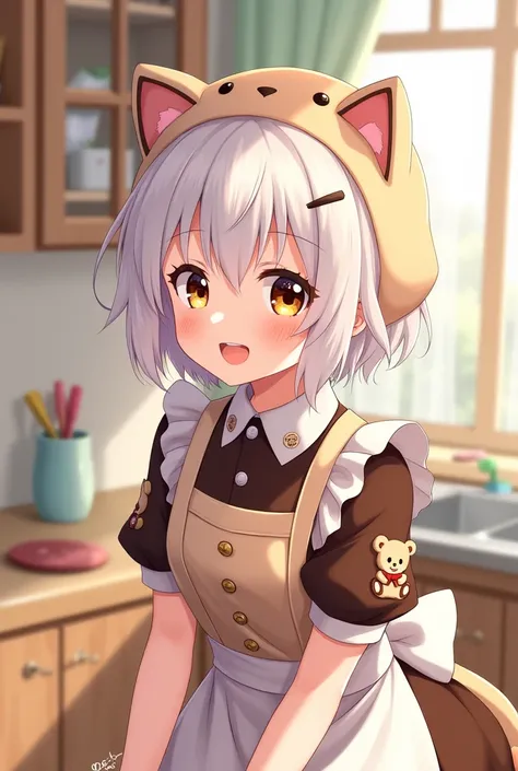 You can generate an anime character with the characteristic of short white hair with bows in the hair and a brown kitty hat. , with a happy expression but.tender and her brown maid outfit, It has some teddy bear decorations .



