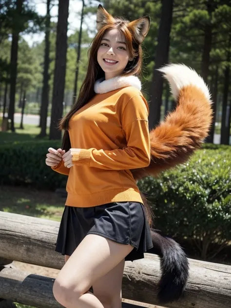 ((Highest quality, 8k)), ((masterpiece)), (Highest Resolution), Perfect Face, Fox Woman, Female college student, Beautiful woman, Outdoor, Only one tail, she has thick thighs, Her large tail, She has an orange fox tail, She wags her tail, Smiling with teet...