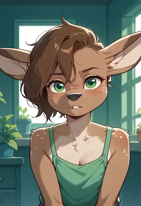 lotte, deer girl, furry female, body fur, animal nose, snout, animal ears, green eyes, brown hair, short hair, freckles,