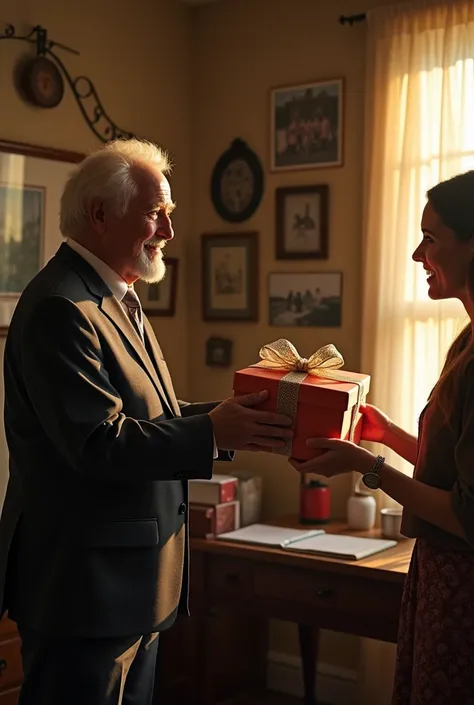 The old man boss extends the gift to the woman, who looks surprised and then smiles warmly. The person accepts the gift, looking both grateful and touched.