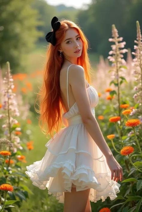 ultra realistic, photography, long red straight hair, 24 years old, hourglass figure, perfect fit body, natural medium breasts, (Best Quality,high resolution), a small black bow in her hair, vivid colors, wearing a short summer dress, the dress is flowing ...