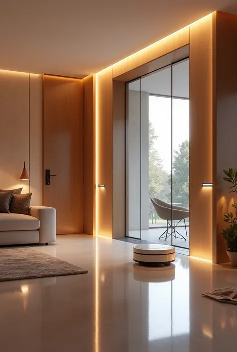 Show the future if Home automation attractively and intrestingly use touch panels on walls and cleaning robots smart lights and smart locks smart touch switch boards on walls switch boards