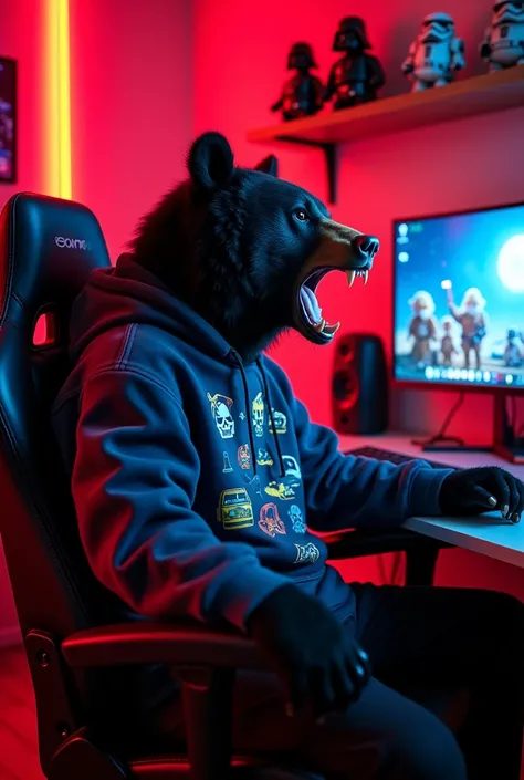 A black bear (animal) angry and growling while playing on his computer. Has a gamer office with red lights in the background. He is sitting in a gaming chair. He has a sweatshirt. Star Wars things for decoration. Estilo Ghostmix.