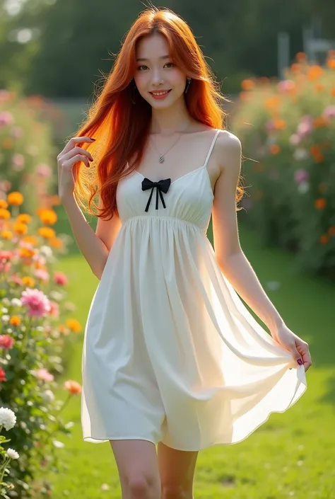 ultra realistic, photography, long red straight hair, 24 years old, hourglass figure, perfect fit body, natural medium breasts, (Best Quality,high resolution), a small black bow in her hair, vivid colors, wearing a short white thin summer dress, the dress ...