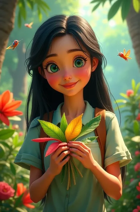 Create an illustration of a Disney Pixar style biology with medium-long hair, not so long, and straight, black hair animated by Disney