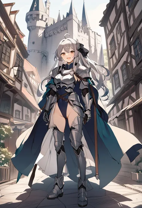 Woman knight、a beauty girl、huge tit、Excellent style、Nice Buddy、glamorous、leotard、s Armor、Bra chest armor、knee boots、gauntlets、hair adornments、silber hair、Longhaire、Ahoge、a medieval castle、is standing、full body seen、Outside the castle、natta、a smile、slightly...