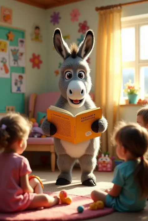 The donkey is reading to the children.