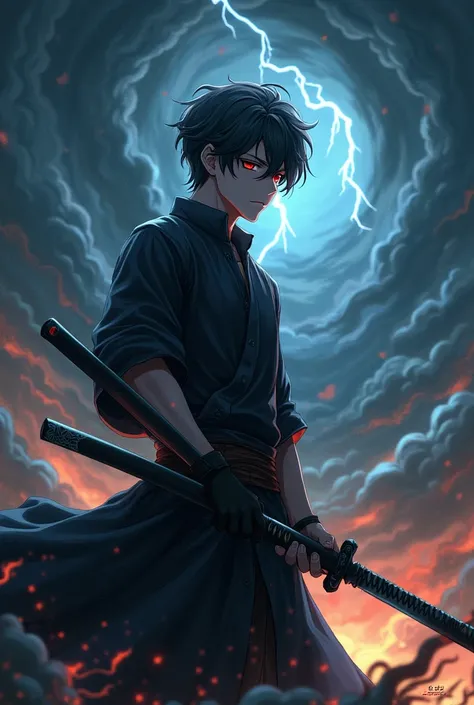 Create a short haired male anime character with black powers with a katana releasing black aura